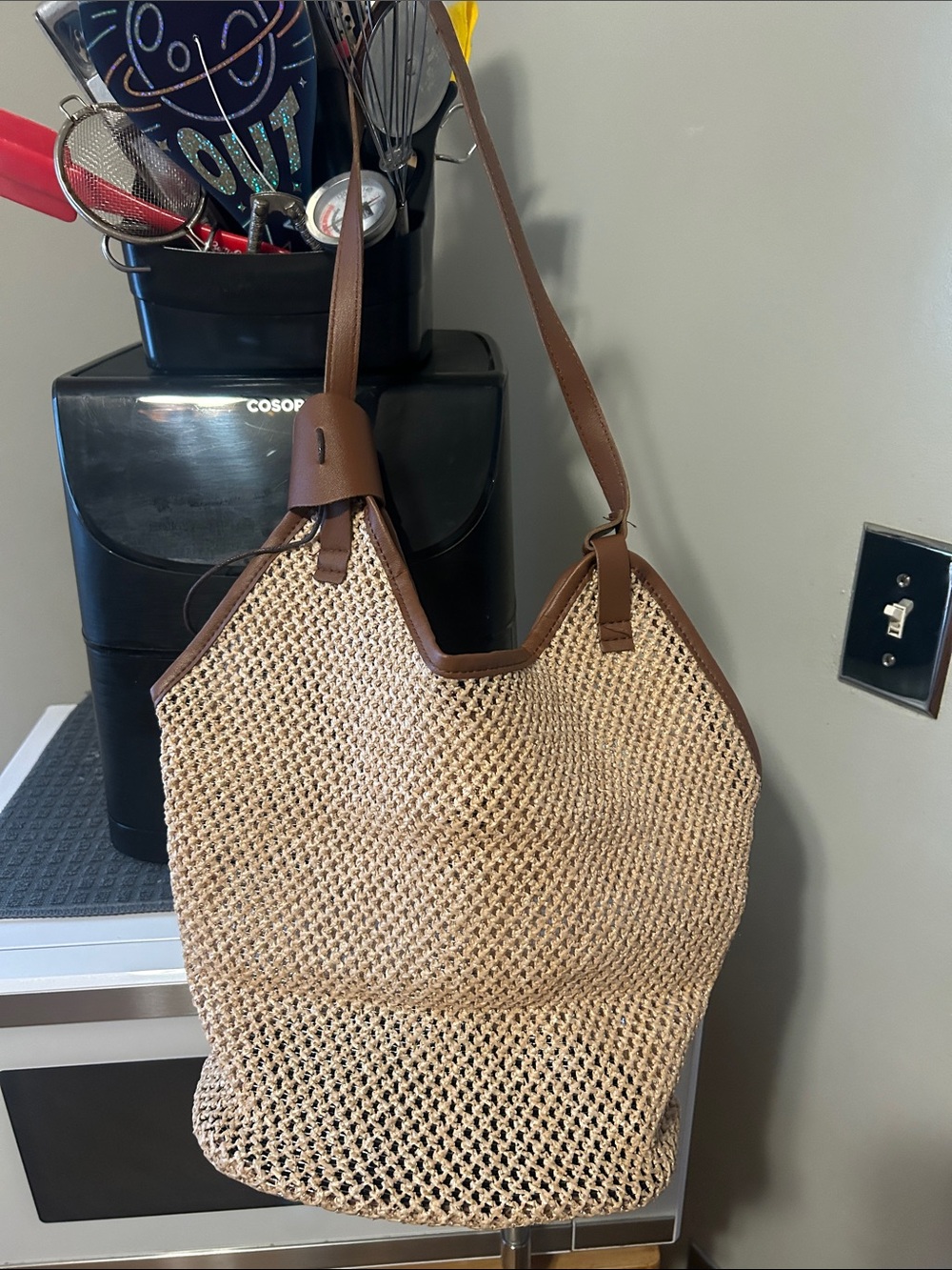Woven Straw Tote Bag with Brown Trim - Natural